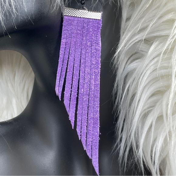 Genuine Suede In Deep Purple Hand Cut Fringe Boho Earrings - Picture 14 of 14